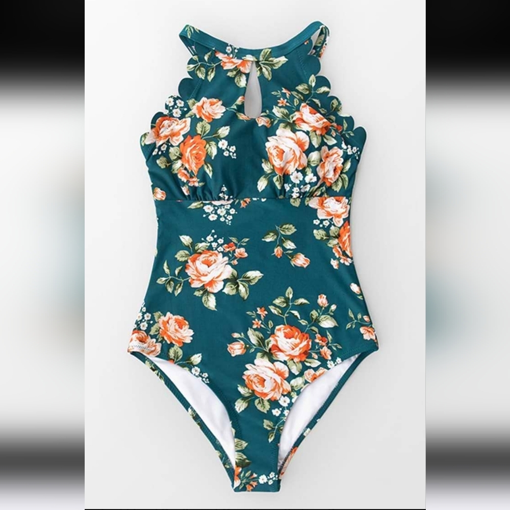 CUPSHE Teal Floral Scalloped One Piece Swimsuit